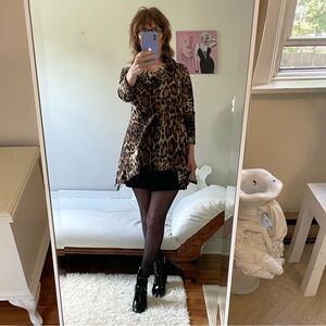 LONG SLEEVE BLACK BROWN LEOPARD PRINT SHARK BITE COWL NECK TUNIC TOP